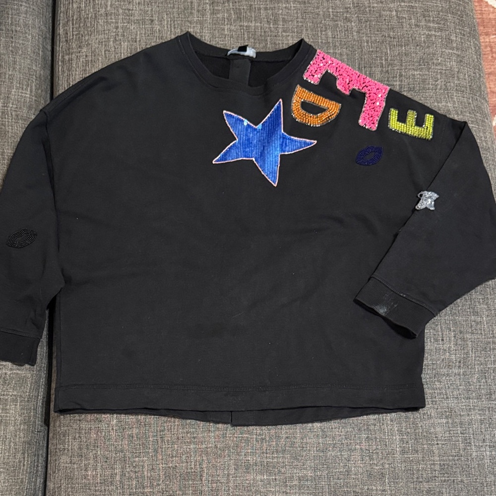 Diesel Embellished Graphic Sweatshirt Black Sequin Star Beaded Letters Size S